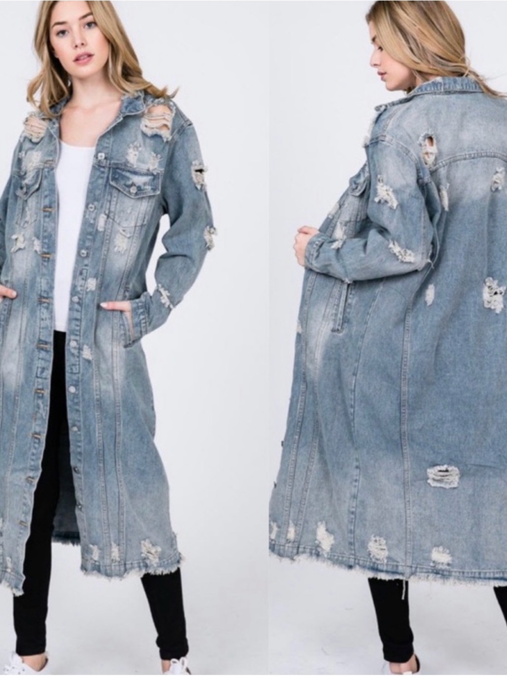 Veveret Distressed Denim Trench Coat - Large